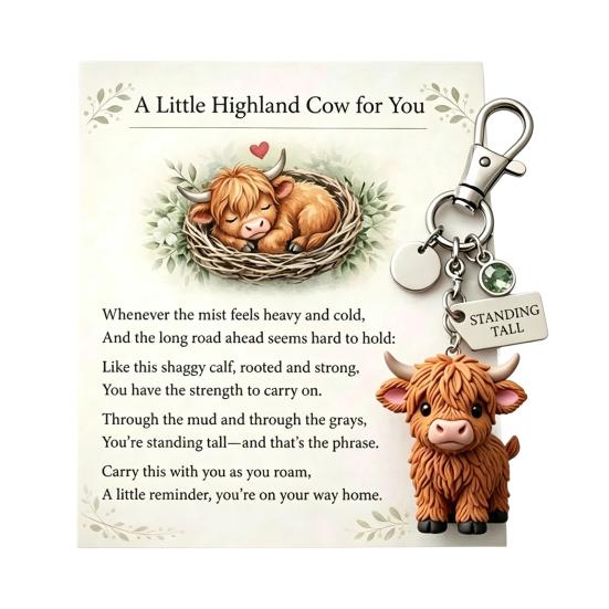

Keychain Pendant Highland Cow Charm Key Chain with Inspirational Still Standing Tall Label Soft Alloy Resin Keyring 1pc B