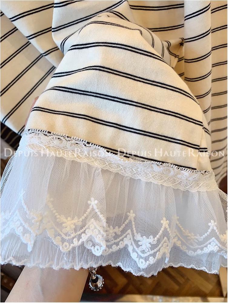 Korean-Style Striped Lace Trim Fake Two-Piece Long-Sleeve Women's T-Shirt