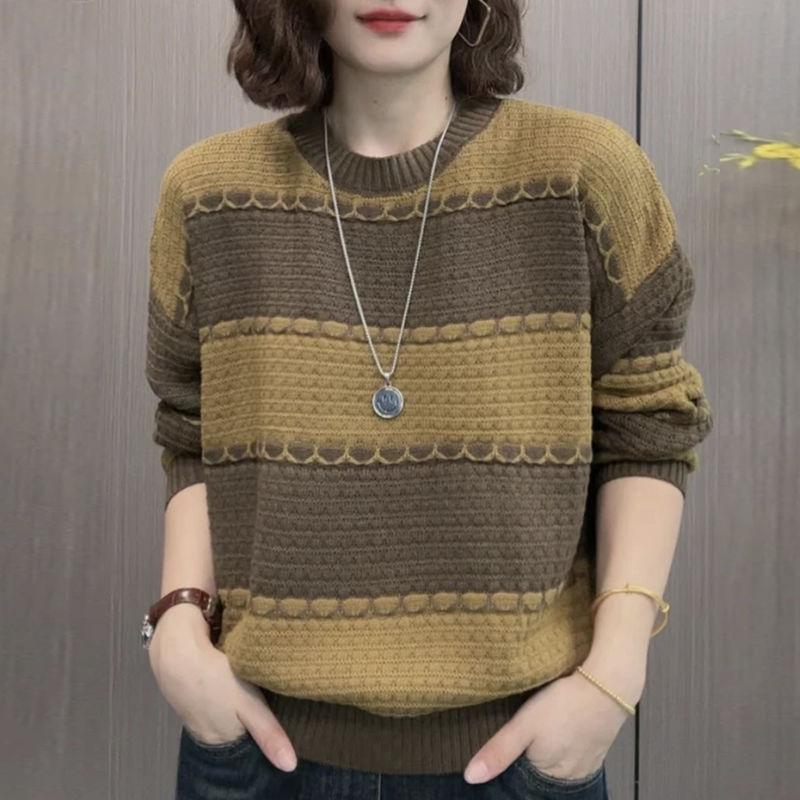 Knit Sweater Striped Spring Women's Loose Round Neck Long-sleeved Knit Sweater Top Women