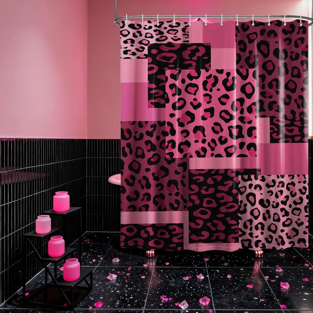 Dark Pink Leopard Shower Curtain Hot Pink Geometric Cheetah Print Shower Curta for Girls Bathroom Decor, Waterproof Fabric 70 x 72 inch with Hooks