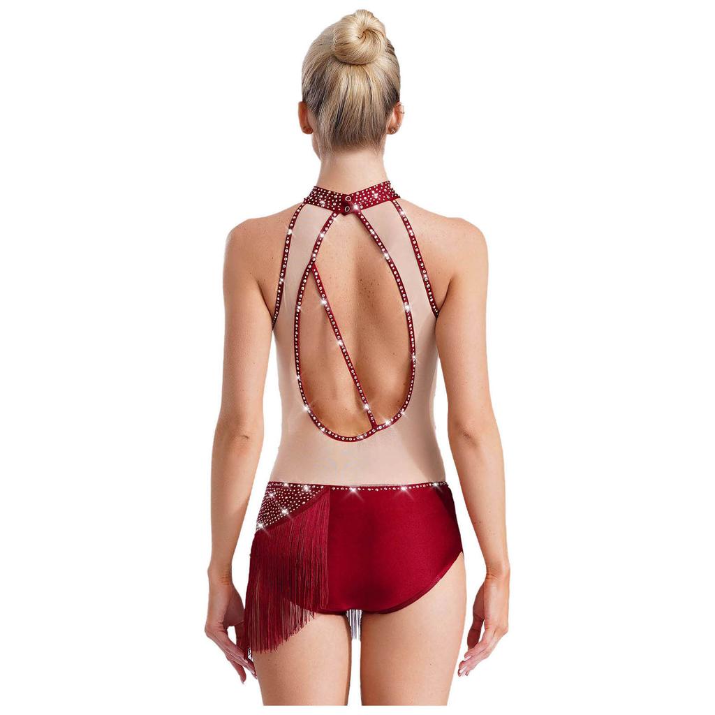 Womens Latin Dance Leotard Sleeveless Mock Neck Patchwork Rhinestones Tassels Adorned Gymnastics Costume