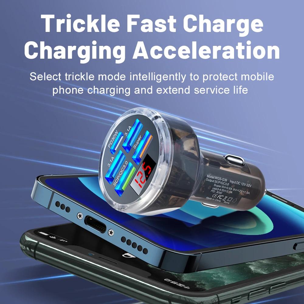 65W USB Car Charger with Digital Display PD Fast Charging 5 Ports Car Charger For Xiaomi iPhone 15 Samsung Quick Charge Adapter