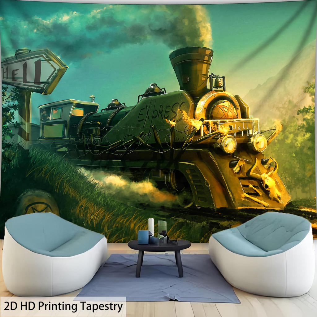 Hell Express Steam Train Tapestry Fantasy Art Dark Railroad Decor Gothic Wall Hanging Horror Theme Living Room Print