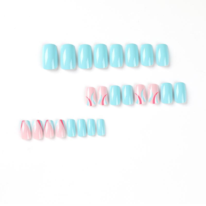 Wear nail blue and white powder splicing lines Nail art finished fake nail nail piece finished product press on nails