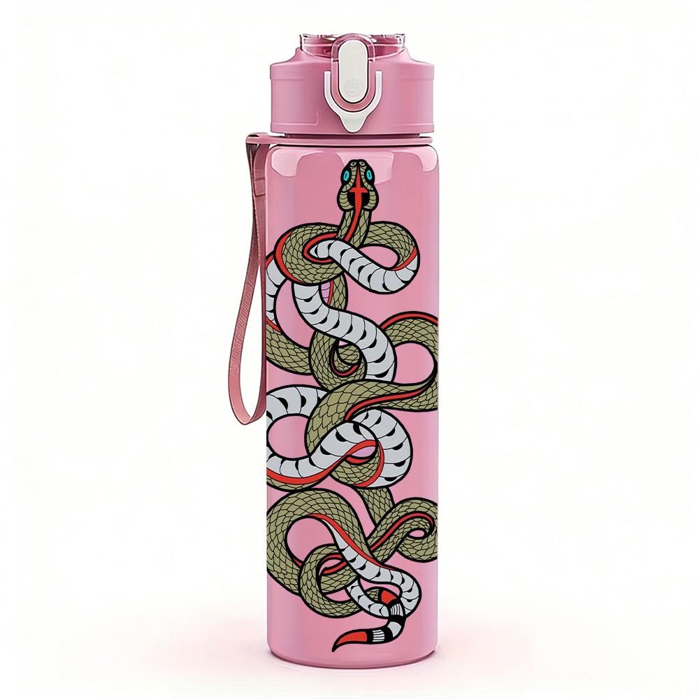 1PC Coiled Snake Reptile Pattern 750ml Color Plastic Sports Water Bottle Leakproof Flip Straw Lid Suitable for Sports Office Home Use