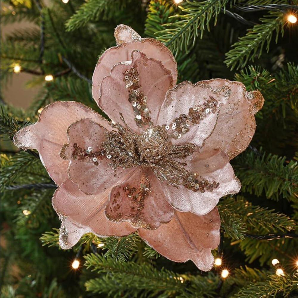 1 Pcs Poinsettia Artificial Flowers Christmas Tree Ornaments Velvet Glitter Magnolia Flowers for Xmas New Year Party Wedding Holiday DIY Decorations,