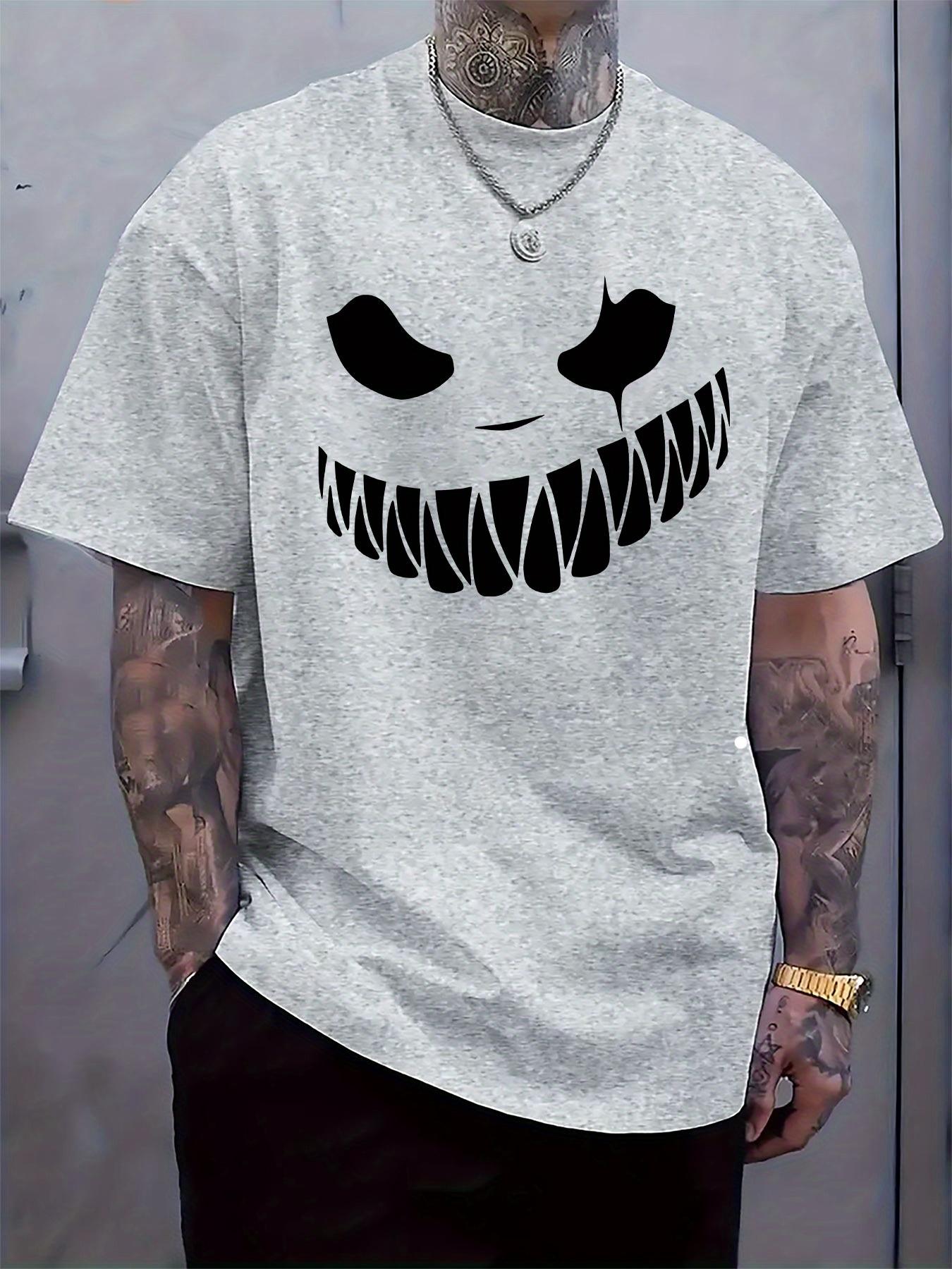Casual Crew Neck T-shirt with Unique Horror-Style Print - Lightweight Polyester S