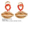 1 Pair Drop Earrings Red Faux Crystal Beaded Ring Three-Dimensional Metallic Lip Shape Leverback Earrings Jewelry Gift