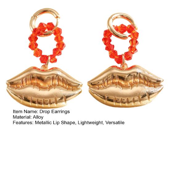 1 Pair Drop Earrings Red Faux Crystal Beaded Ring Three-Dimensional Metallic Lip Shape Leverback Earrings Jewelry Gift