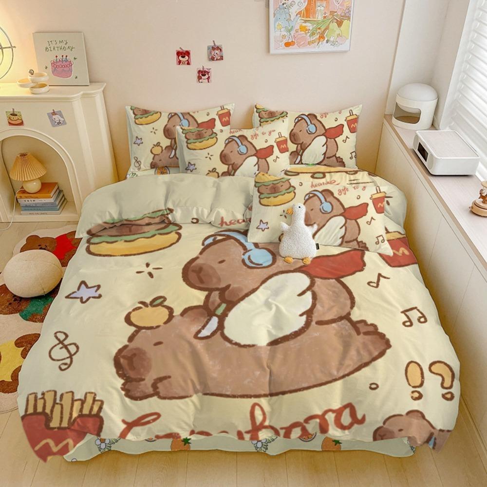 Motivo capibara dei cartoni animati, Set di biancheria da letto in microfibra, Biancheria da letto per bambini con cerniera, Decorazione per la stanza, Copripiumino per adolescenti e adulti, Set da 3 pezzi