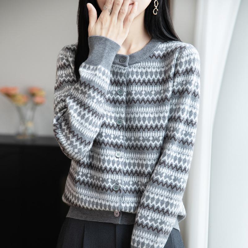 New Autumn and Winter Casual Loose Coat Sweater Knitted Top Round-neck Color-blocking Striped Knitted Cardigan for Women