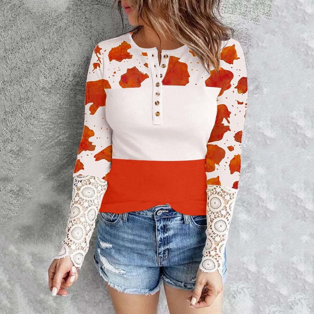 Women's Slim Fit Casual Cow Striped Lace Long Sleeve Top T-Shirt Blouse