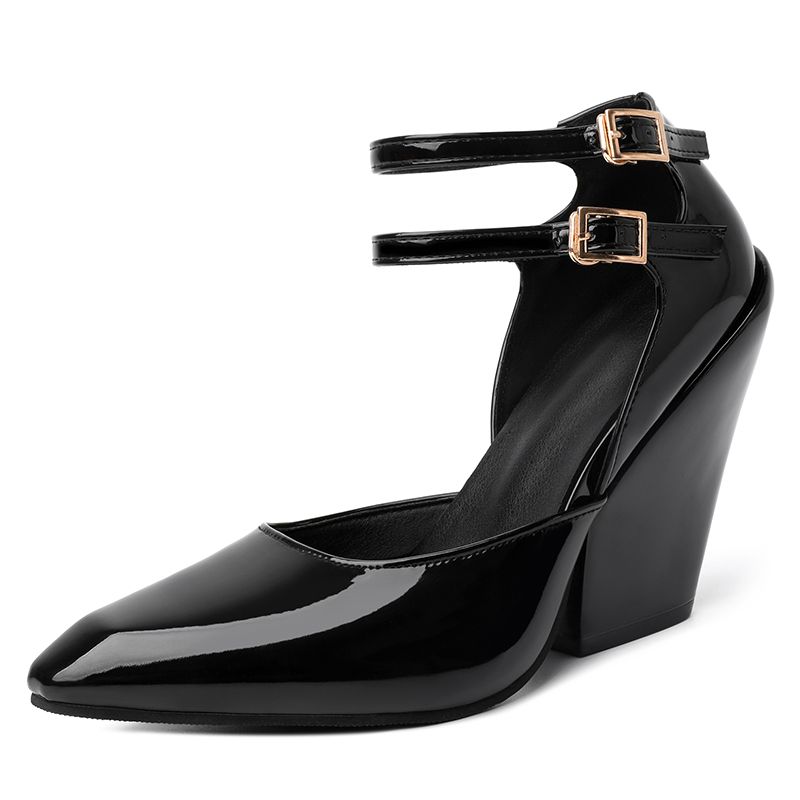 FHC 2024 Spring Leather Wedges High Heels,Women Pumps,Sexy Shallow Mary Shoes,11cm,Ankle Buckles Straps,Red,Black,White,Dropship