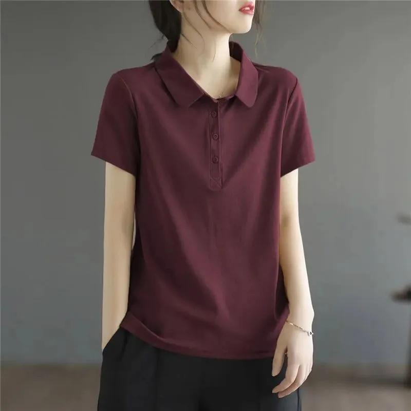 Women's Solid Color Lapel Short Sleeve T-Shirt Summer Simple Commuter Tops