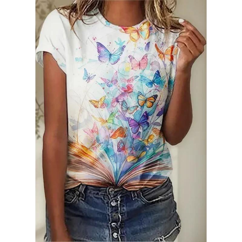 Butterfly Print Short-sleeved Loose Casual Top Simple T-Shirts Women’s S