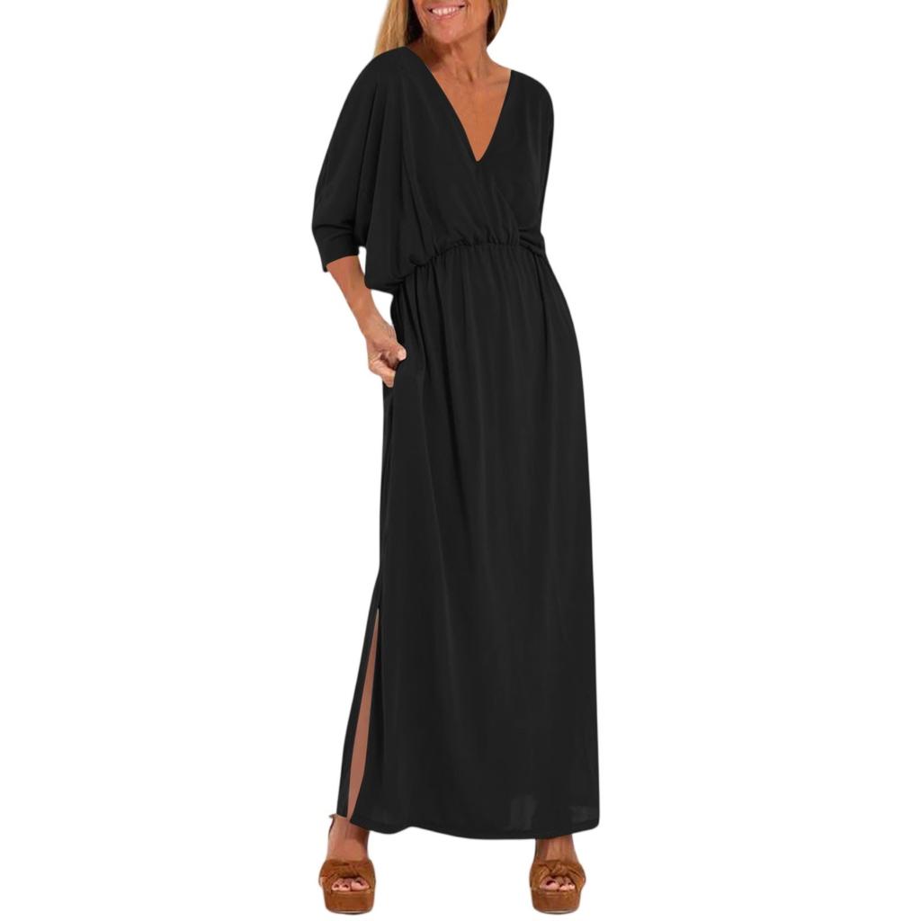 Women's Fashionable Color High Waist Split V-neck Dress