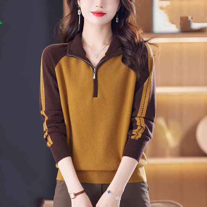 Women's Autumn/Winter Sweater with Zipper Color Blocked Sweater Outer Knitted Sweater Stylish