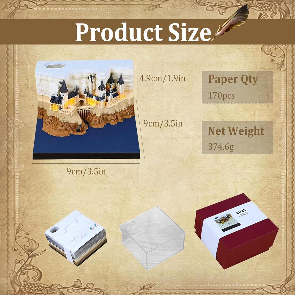 3D Memo Pads Calendar 2026,Magic Castle 3D DIY Art Memo Pad with Lights,Time Piece Calendar 2025 Tear Away Carving Sticky DIY Post Craft(Magic Castle)