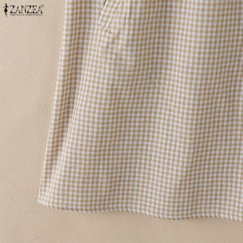 ZANZEA Women Plaid Print Casual Round Neck Sleeveless Dress
