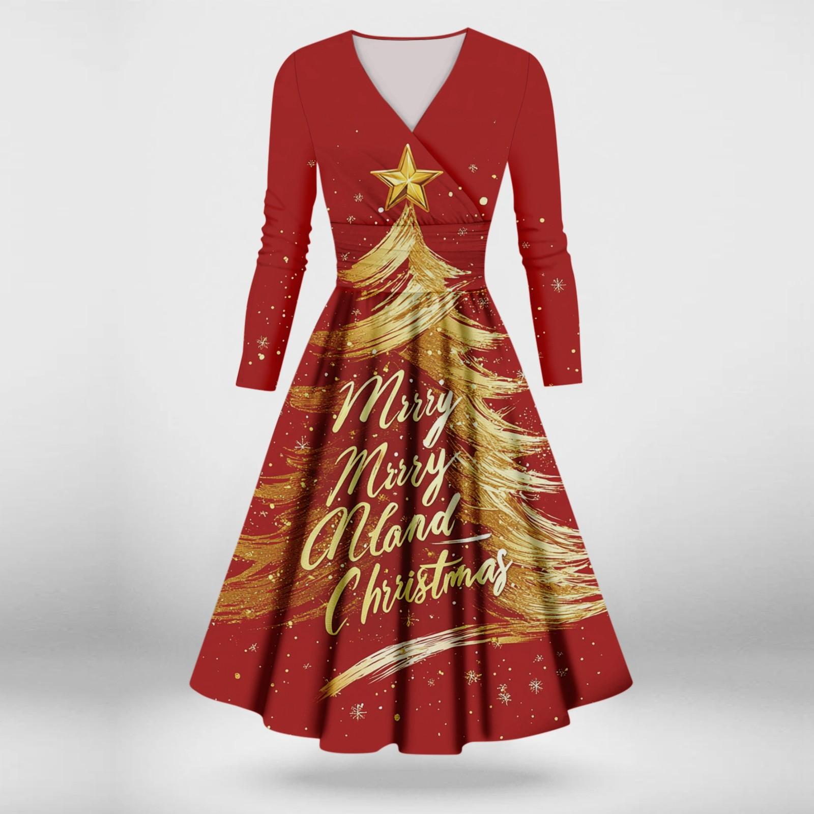 

Жіноча повсякденна та модна різдвяна сексуальна сукня з довгими рукавами та V-подібним вирізом M червоний