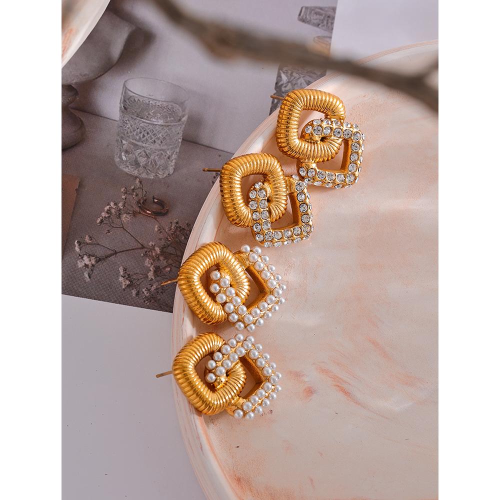 Yhpup Geometric Vintage Square Fashion Stud Earrings Women Stainless Steel Golden Imitation Pearl Cubic Zirconia Jewelry Gift