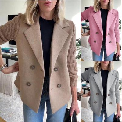 Women's Short Blazer Jacket with Knit Sleeves, Notched Lapel Two-Button Front