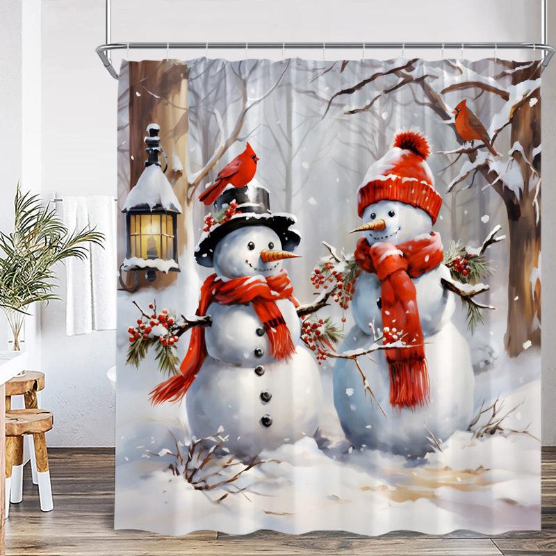 Cute Snowman Christmas Shower Curtains Santa Claus Xmas Tree Truck Winter Forest Scenery Home Bathroom Decor Bath Curtain Set
