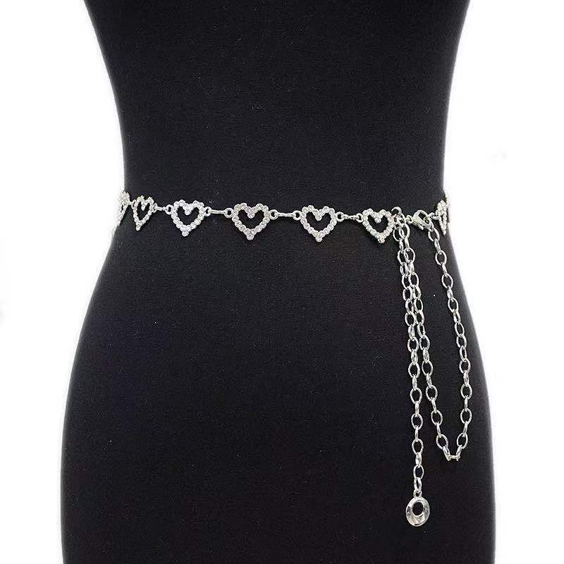 New Belt for Women's Personality Simple and Fashionable Love Buckle Rhinestone Inlaid Metal Waist Chain Dress Accessories