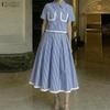 Women Short Sleeve Blouse and Long Skirts Elegant Stripe Two Piece Suit Sets