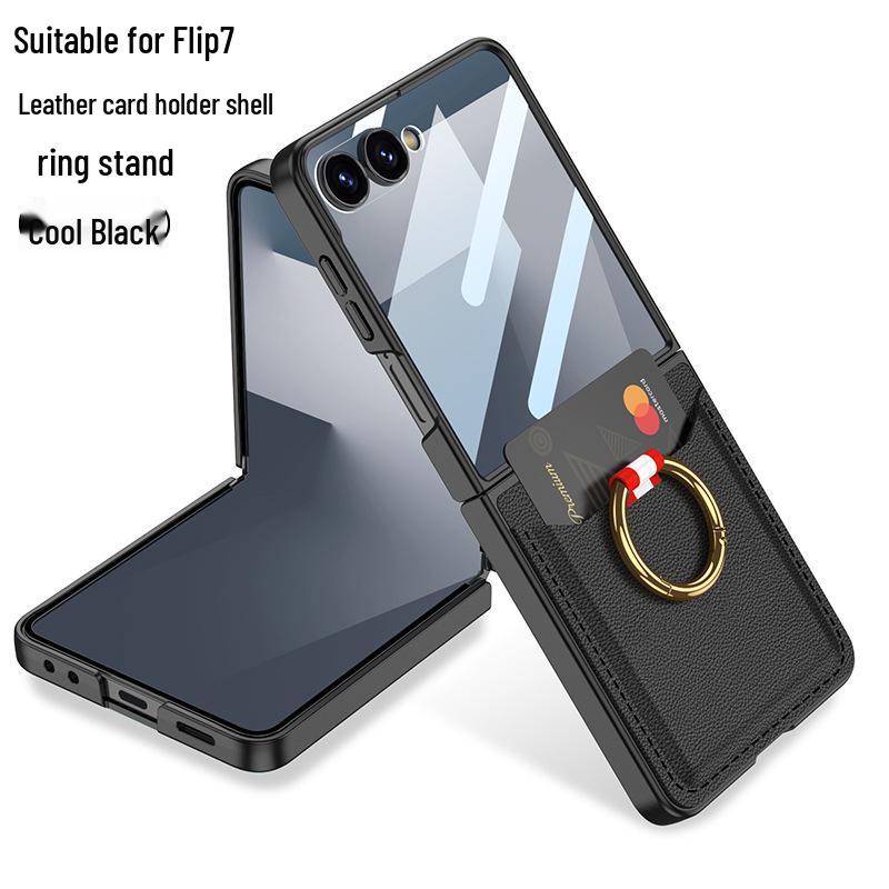 Samsung Z Flip7 Ultra-Thin Leather Case: Full Coverage, Card Holder, Ring, Anti-Drop Protection