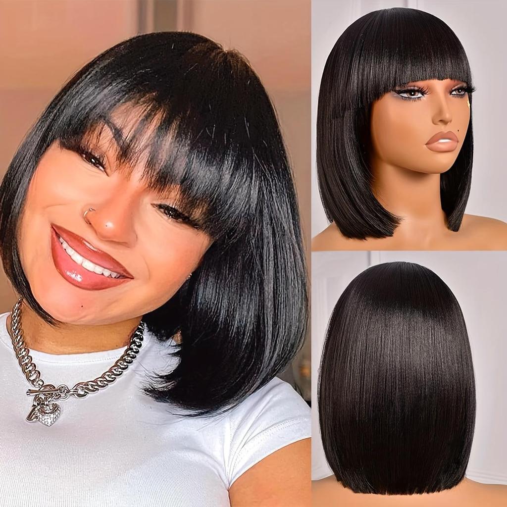 Woven Wigs Elegant Short Bob with Bangs for Women Rose Net Cap