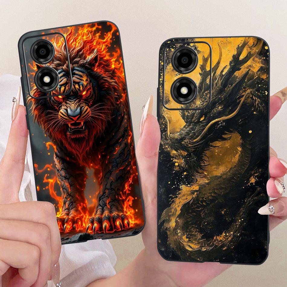Pour Motorola Moto E14 Coque de téléphone motif Dragon Tigre Cool Pour Moto E14 Pare-chocs Souples en Silicone Noir