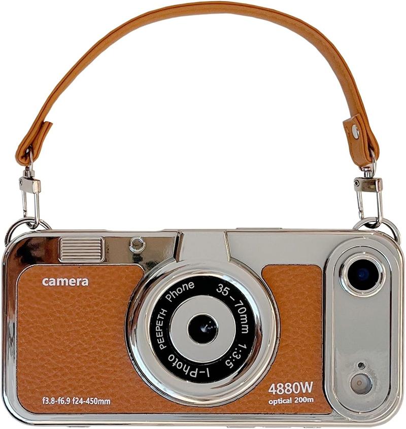 3D Vintage Camera Phone Case with Hand Strap for IPhone Air 17 16 15 14 13 12 Pro Max Plus 17Pro Shockproof Phone Leather Cover