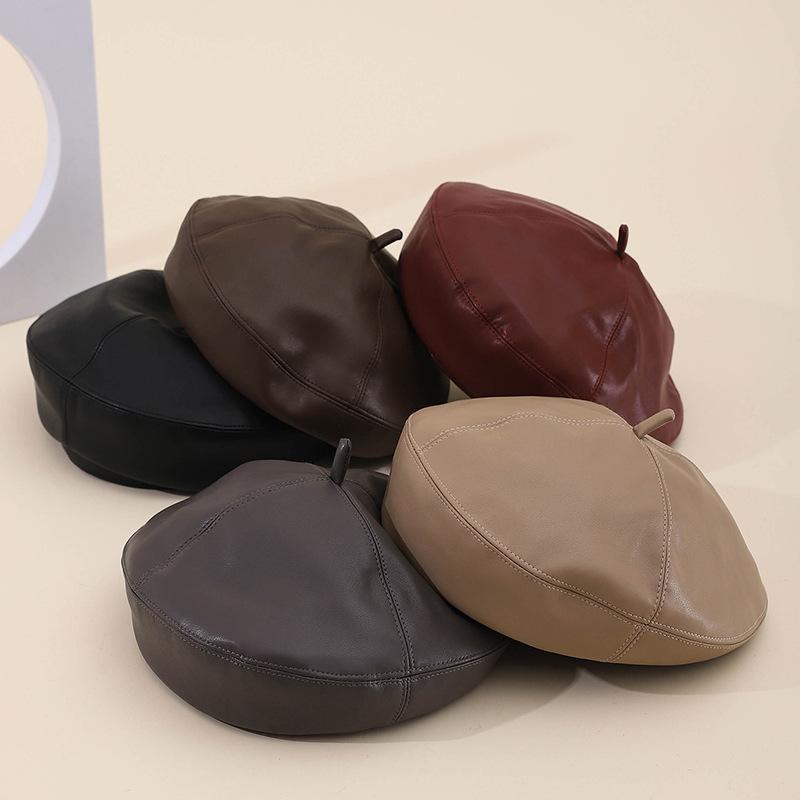 Korean Style Women'S Pu Leather Beret Hat - Solid Color Winter Painter Cap, Fashionable Autumn Winter Headwear Retro Casual