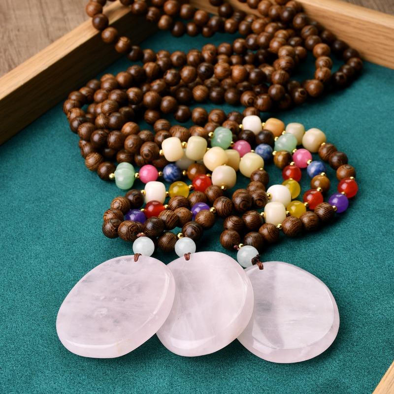 GemChic Women's New Vintage Wooden Beads Pink Natural Stone Pendant Long Necklace Ethnic Fashion Birthday Christmas Jewelry Gift