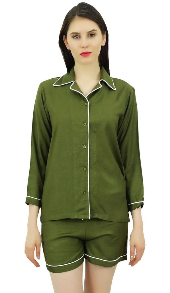 Bimba Button-Down Shirt With Elastic Waist Shorts 2 Pcs Full Sleeve Night Wear