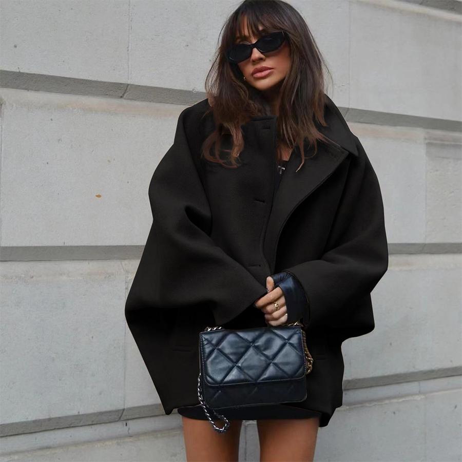 Women's Lapel Oversized Bat Sleeve Loose Wool-like Mid-length Coat NIZI8182