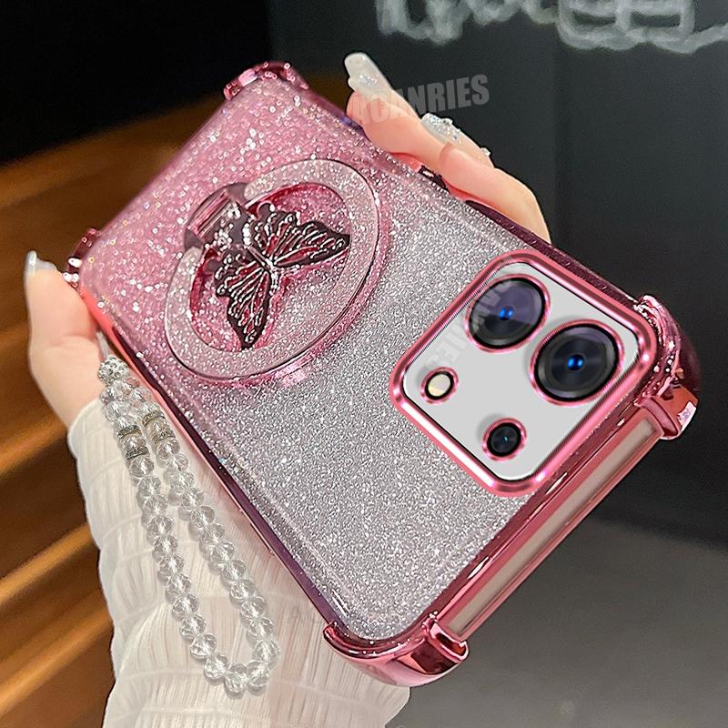 

Note13pro Lanyard Butterfly Holder Case For Xiaomi Redmi Note 13 Pro 13pro Note13 4g 5g Plating Shockproof Silicone Stand Cover Redmi Note 13 5G