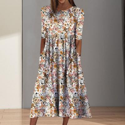 Sommerkleid für Damen, Rundhalsausschnitt, Retro-Blumendruck, mittellange Ärmel, A-Linie, plissierte Seitentaschen, hohe Taille, großer Saum, Urlaubs-Midikleid