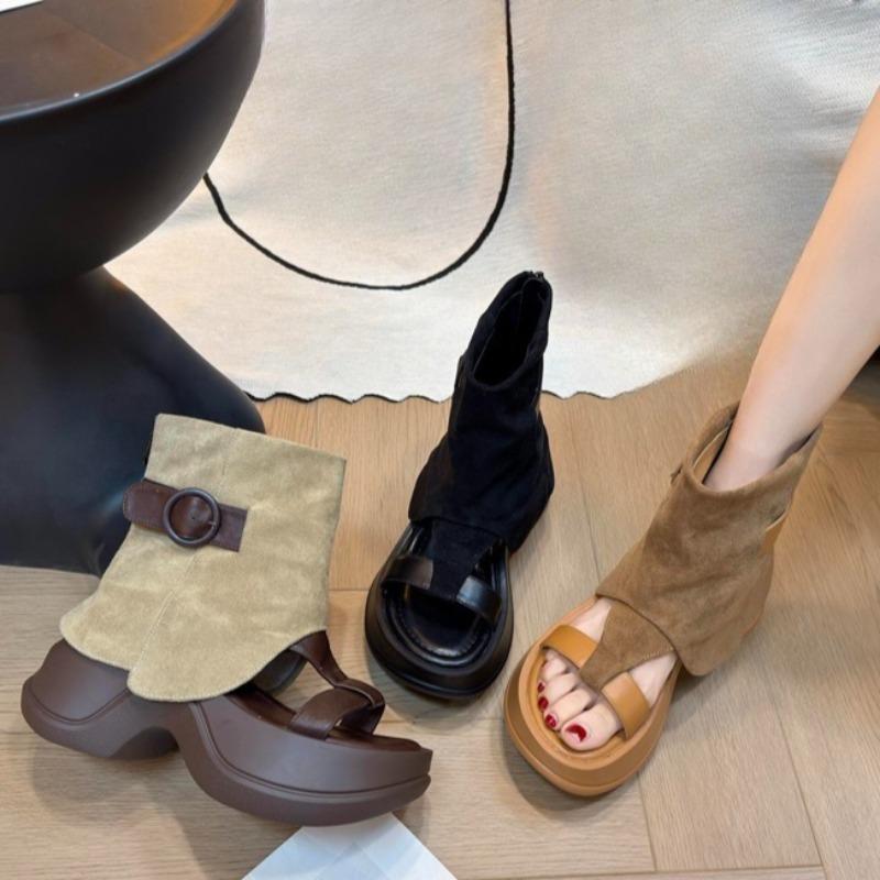 Fashion Summer High Heel Anti-slip Cooling Boots Women's New All-match Round Toe Small Platform Thick Tube Roman Sandals