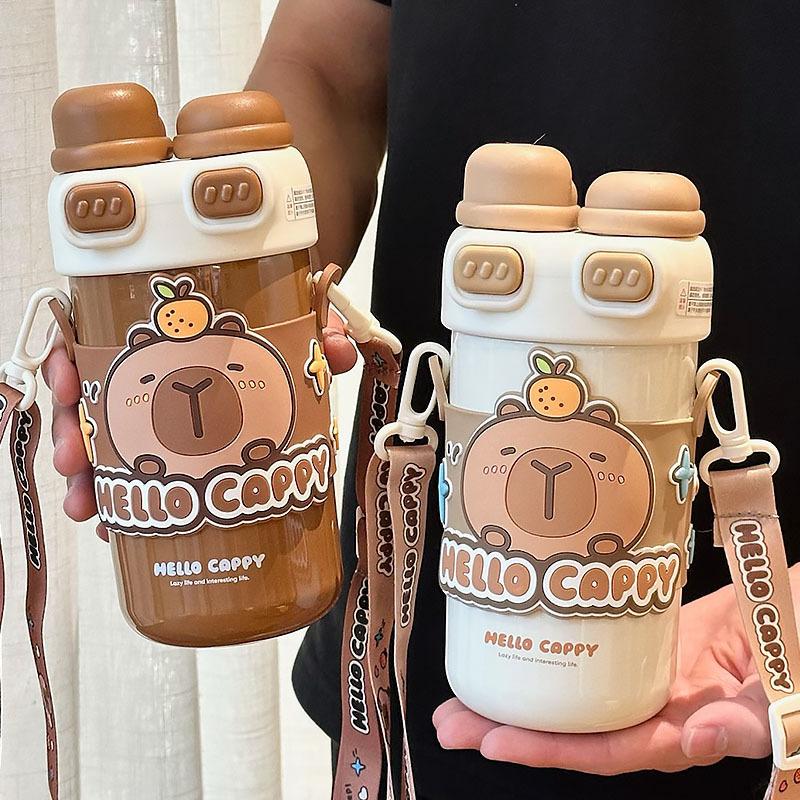 Baifenbai Home Furnishing Boys Kapibara Double Drink Thermos Cup, Special Straw Water Cup For Students To Go To School, And Girls Children Oblique Span Portable Cup