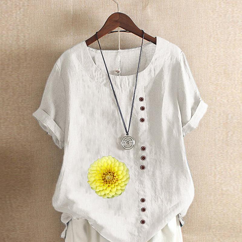 Women's Fashion Round Neck Short Sleeve T-shirt Casual Cotton Linen Graphic Shirt Leisure Loose Flower Prined Summer Blouse Tops