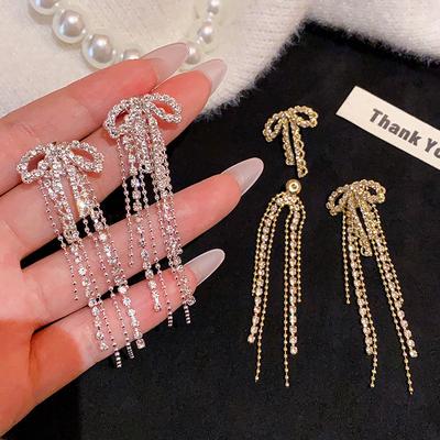 Exquisite Rhinestone Bow Kont Dangle Earrings for Women Girl New Fashion Long Tassel Double-Purpose Earrings Jewelry Accessories