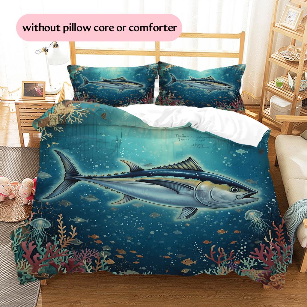 Sea Fish Ink Painting Pattern Bedding Home Decoration Birthday Gift (1 * duvet cover + 2 * pillowcase, without core)