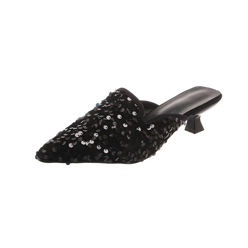Fashion Summer and Autumn New High-heeled Toe-toe Slippers, Thin Heels, Fashionable and Trendy Women's Shoes, Outdoor Sequined Sandals