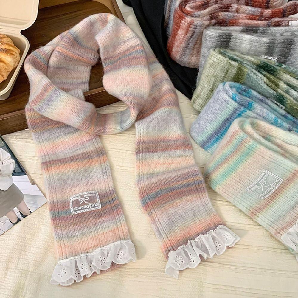 Lace Rainbow Striped Scarf Plush Winter Shawl Fashion Cashmere Knitted Scarf  Daily