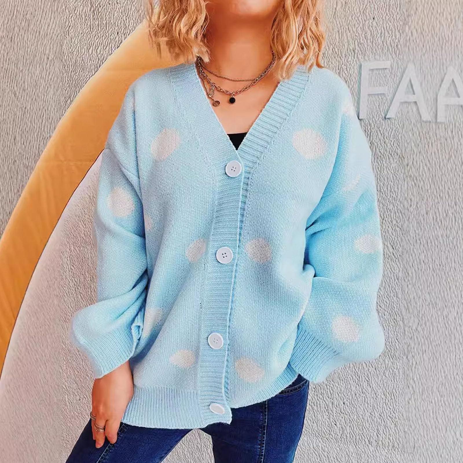 

Осень и зима новый большой вязаный кардиган в горошек с V-образным вырезом однобортный свитер куртка для женщин XL небесно-голубой