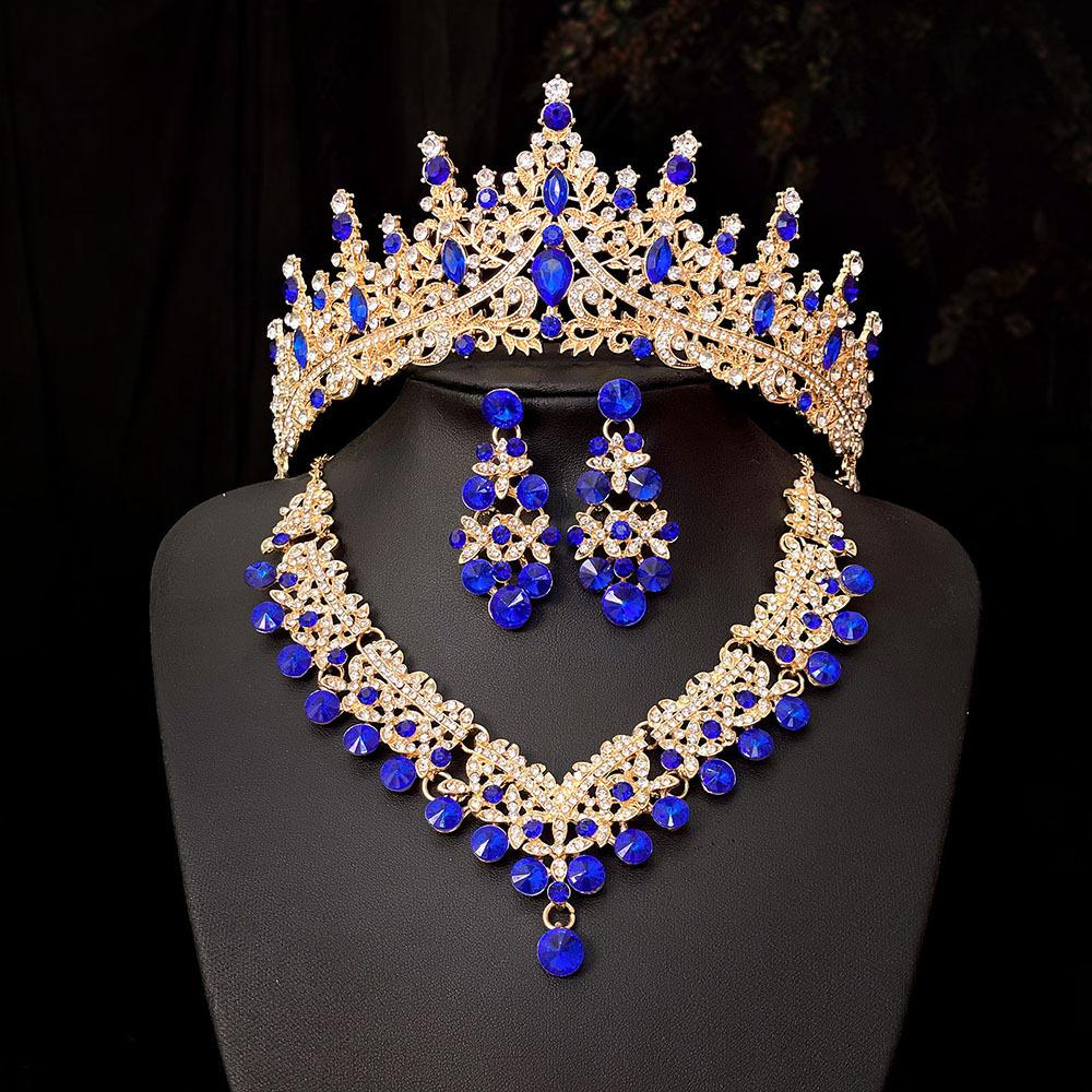 Europäischer und Amerikanischer Brautschmuck Dreiteiliges Set aus Hochwertigem Abschlussball-Hochzeitsschmuck Legierung Diamant Krone Halskette Ohrringe Set