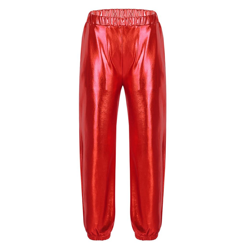 Girls Metallic Shiny High Rise Elastic Waist Dance Pants Side Pockets Hip Hop Streetwear Sweatpants for Stage