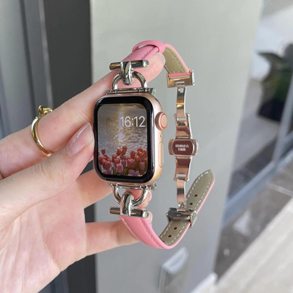 Women Leather Bracelet for Apple Watch Ultra 2 49mm 10 42mm 46 Butterfly Buckle Band for iWatch 9 8 7 6 SE 5 41mm 45mm 38 40 44